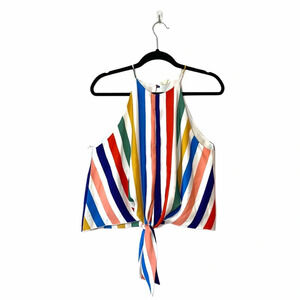 Tyche White & Multicolor Striped Keyhole Tie Front Tank Top Size Large Women’s